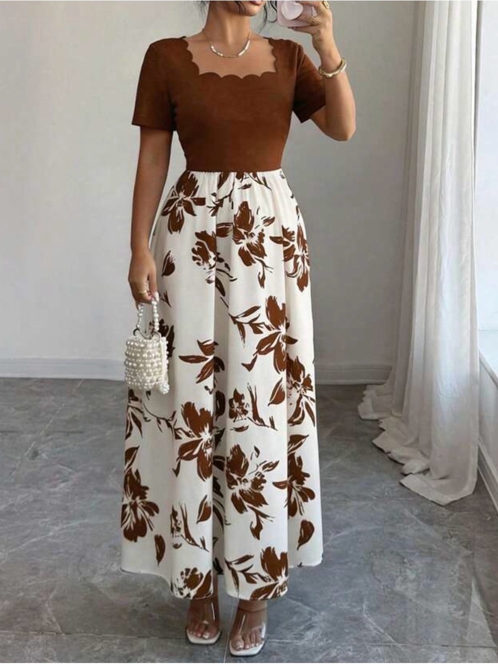 Floral Printed Maxi Dress in Brown and White